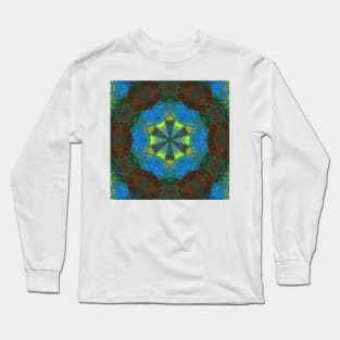 Mosaic Kaleidoscope Flower Blue and Green Long Sleeve T-Shirt